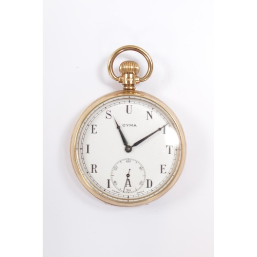 183 - Edwardian 9ct Gold Cyma open faced pocket watch with dedication to interior 'Presented to Percy F Br... 