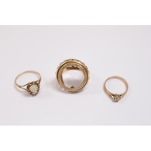 184 - 9ct gold Half Sovereign ring mount, 9ct Gold Cameo Ring and a 9ct gold Diamond set ring. 9.5g total ... 