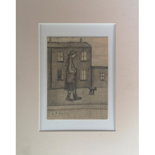 277 - After Laurence Stephen Lowry 1887 -1976, Mounted Pencil Sketch of a young woman walking a dog, signe... 