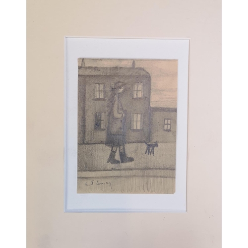 277 - After Laurence Stephen Lowry 1887 -1976, Mounted Pencil Sketch of a young woman walking a dog, signe... 