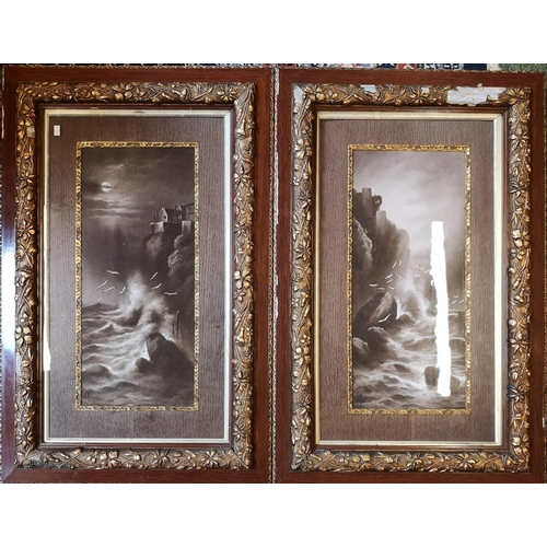 287 - Pr of Good Quality Gesso framed Sepia Twilight Oil paintings depicting stormy seas, signed 23 x 55cm