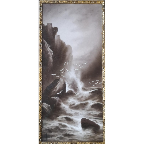 287 - Pr of Good Quality Gesso framed Sepia Twilight Oil paintings depicting stormy seas, signed 23 x 55cm