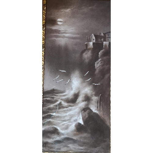 287 - Pr of Good Quality Gesso framed Sepia Twilight Oil paintings depicting stormy seas, signed 23 x 55cm