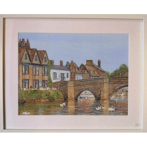 289 - Local Interest; John Bell watercolour of a view at the Old Bridge showing the Tea rooms St Ives, 38 ... 