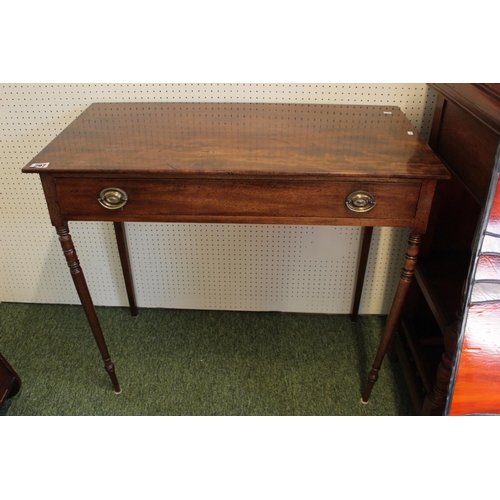 297 - Georgian Mahogany side table single drawers and brass drop handles over turned legs