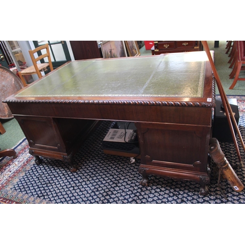 302 - Edwardian Mahogany breakfront Pedestal desk with green Leather inset top over brass drop handles and... 