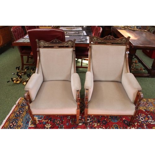 306 - Pair of Fine Edwardian Rosewood His and Hers Elbow chairs with Whalebone and Silver Scroll inlay