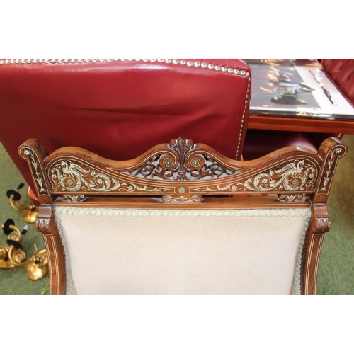 306 - Pair of Fine Edwardian Rosewood His and Hers Elbow chairs with Whalebone and Silver Scroll inlay