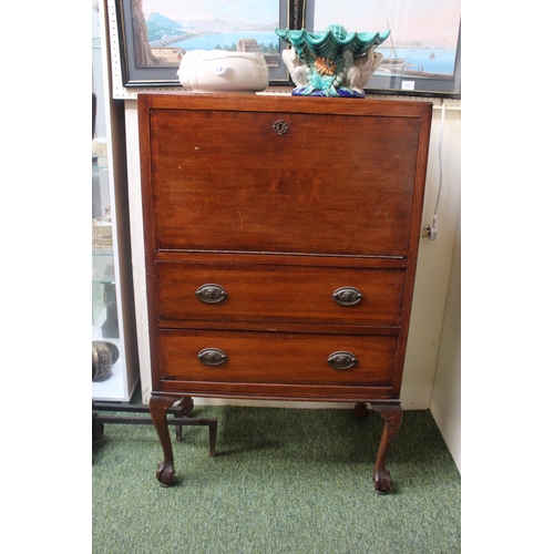 314 - Simple 20thC Rectangular bureau with oval drop handles over ball and claw feet