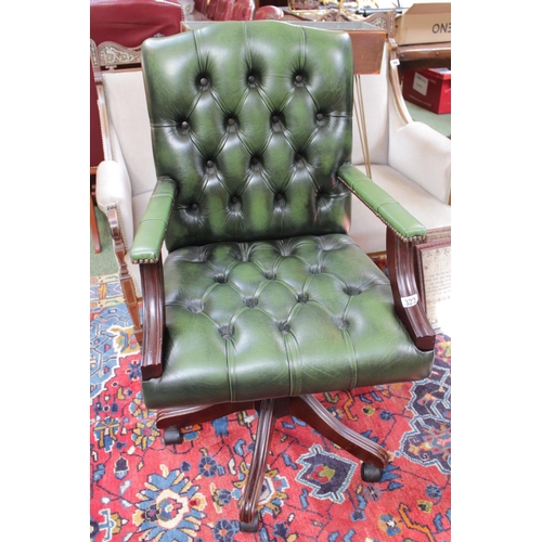 322 - 20thC Green Leather button back Chesterfield Square backed swivel chair