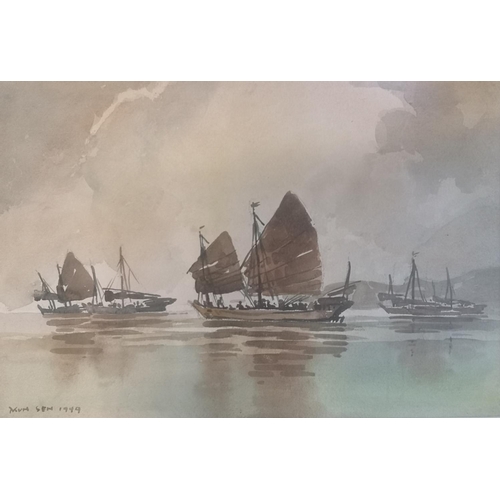 206 - Yong Mun Sen (1896-1962) Malaysian. 3 Malaysian Junks against Shoreline, Watercolour, Signed in Scri... 