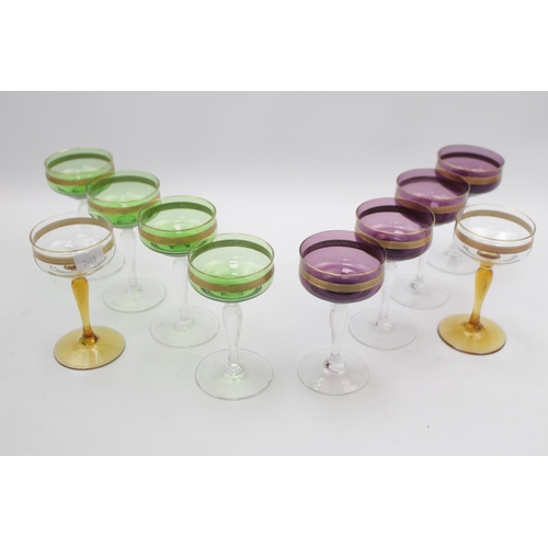 137 - Set of Good quality Liquor glasses of Purple green and clear bowls with applied gilded banding