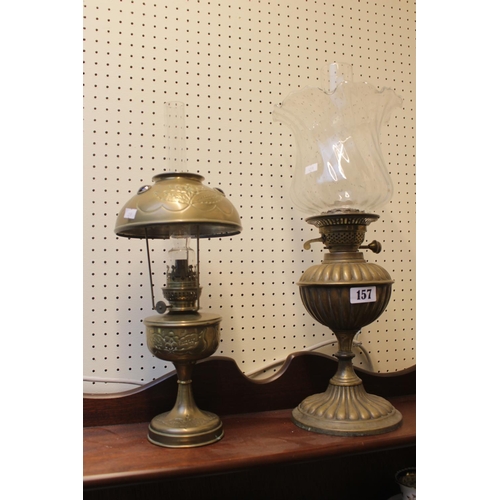 157 - Edwardian Brass Oil Lamp with jewelled brass shade and embossed decoration and another Edwardian Oil... 