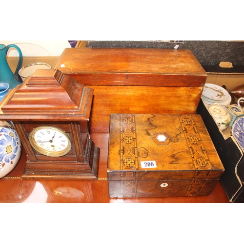 206 - Edwardian Walnut bracket clock, Inlaid sewing box and a wooden document box