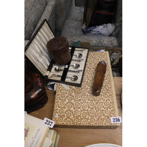 236 - Interesting Coffin shaped cigar case, Leatherette Cigarillo case and a set of flatware