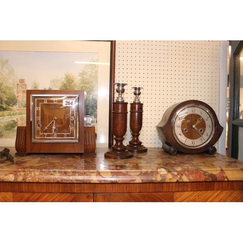 264 - 2 Oak cased mantel clocks and a Pair of Oak candlesticks with Chrome tops