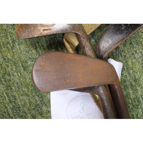 91 - Collection of Vintage Golf Clubs inc. W M Gibson, Fife, and unusual left hand iron, Machie and G Bai... 