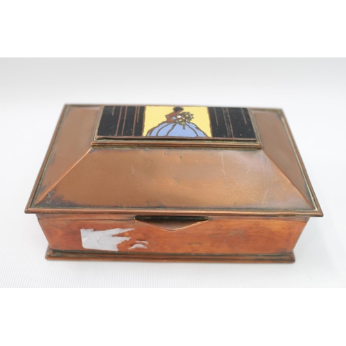 335 - Art Deco Copper casket cigarette box with enamelled Crinoline decoration