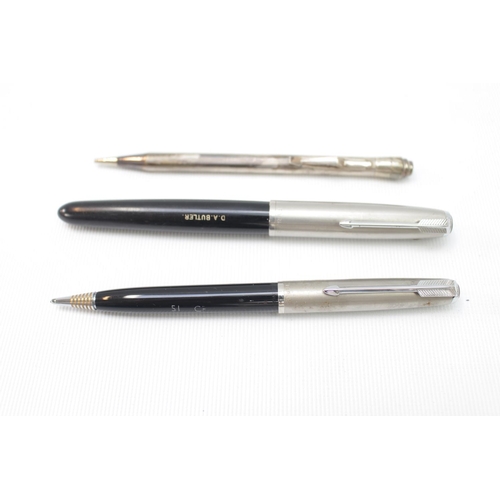 342 - Silver propelling Pencil and 2 Parker Pens boxed