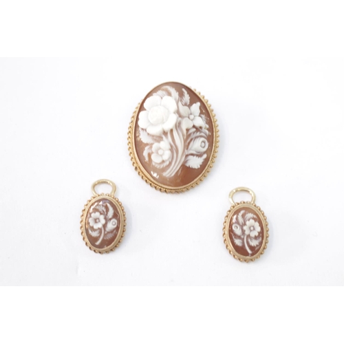 358 - Good quality 9ct Gold Floral design Cameo and matching earrings