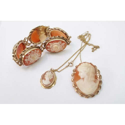 359 - Ladies 9ct Gold mounted Cameo bracelet, Brooch and matching pendant on chain 48g total weight