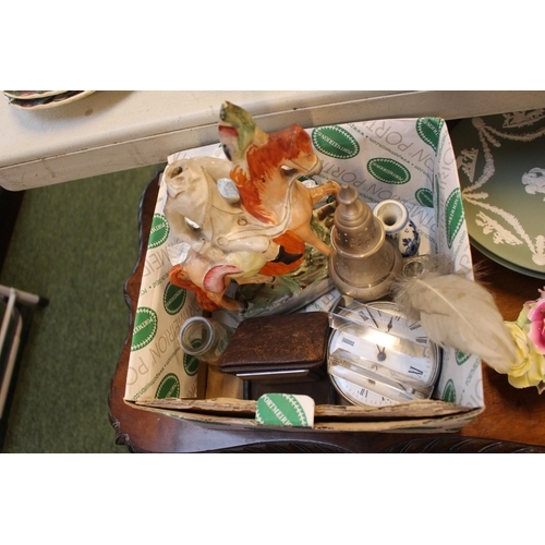 215 - Small box of Ceramics and bygones inc. Deco travelling clock, White Metal Sugar shaker etc