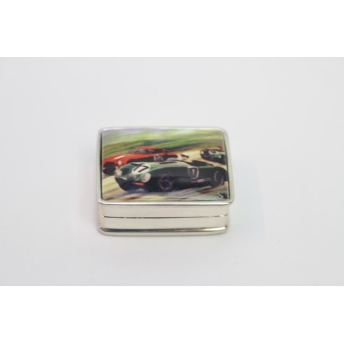 282 - Silver Pill box with enamel lid depicting classic cars