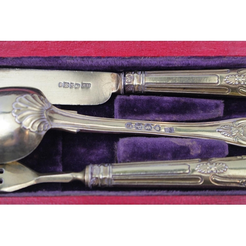 138 - Cased Martin Bros & Co 1830, silver gilt spoon, knife & fork set with kings patter decoration.