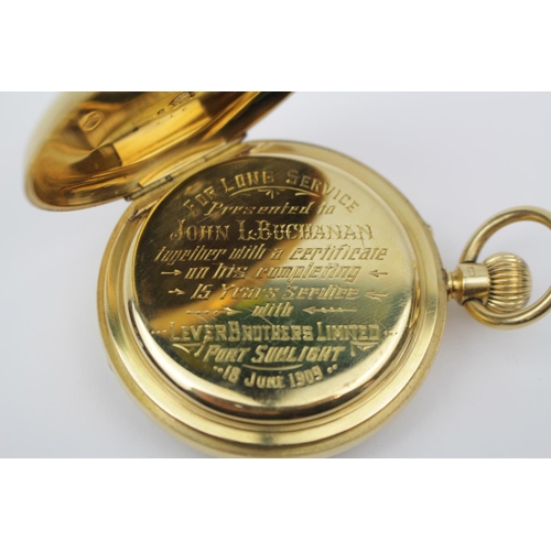 228 - Good quality 18ct Gold Half Hunter with Roman numeral dial, engraved to interior 'presented to John ... 