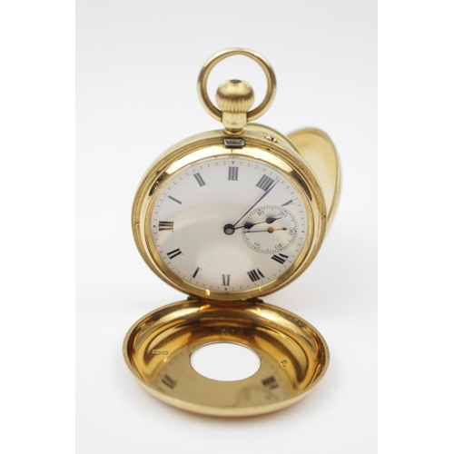 228 - Good quality 18ct Gold Half Hunter with Roman numeral dial, engraved to interior 'presented to John ... 