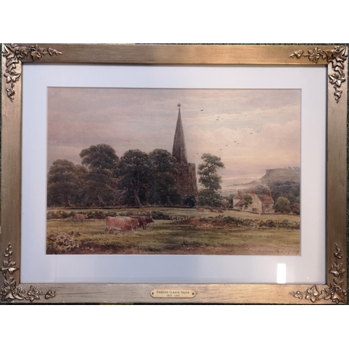 270 - Edmund Cleave Smith 1853-1900, Watercolour of Cattle grazing with church and cottage to background d... 