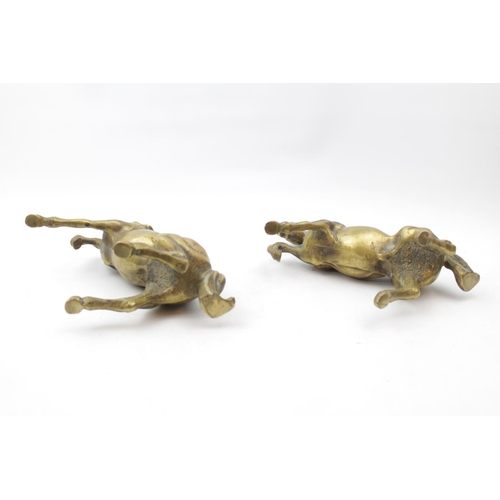 71 - Pair of Very Heavy Cast Brass rearing horses, 22cm in height