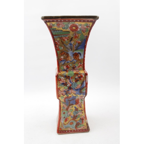 185 - 19thC Chinese Gu vase of cuboid form with figures and warriors, 27cm in Height