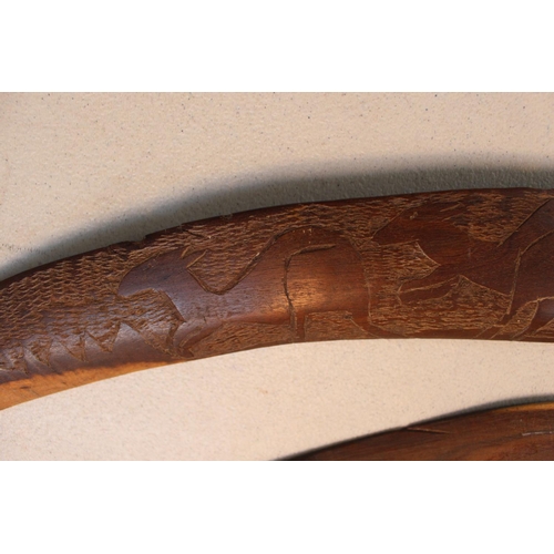 186 - Original Australian Aboriginal  Hunting Boomerang with carved animal decoration and smaller Boomeran... 