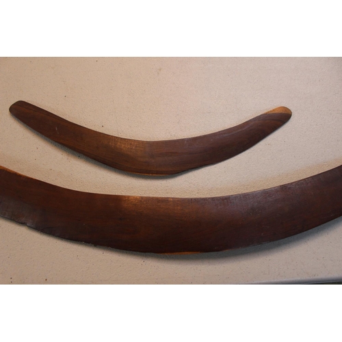 186 - Original Australian Aboriginal  Hunting Boomerang with carved animal decoration and smaller Boomeran... 