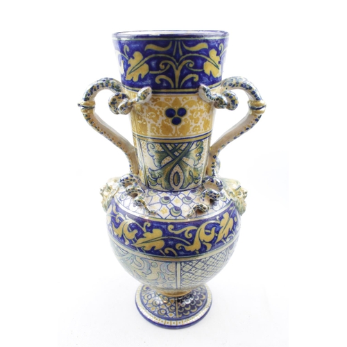 208 - Late 19thC Italian Maiolica Tadino two handled lustre vase. 41cm in Height