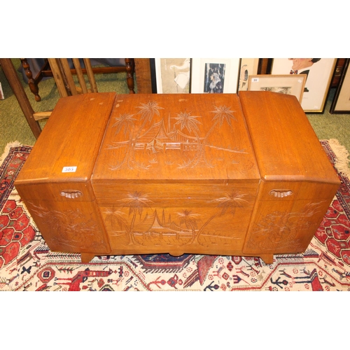 565 - Chinese Hardwood chest with carved Asian decoration