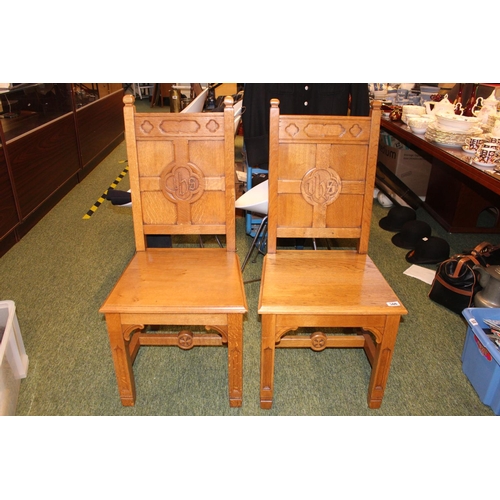 566 - Pair of Good quality Oak carved altar chairs with hand carved initials to the back over Simple Pugin... 