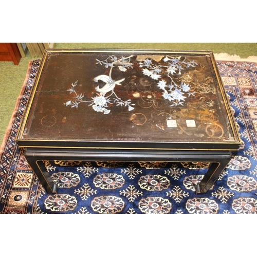 564 - Chinese Republic Black lacquered side table with inset blue and white pottery flora and Fauna decora... 