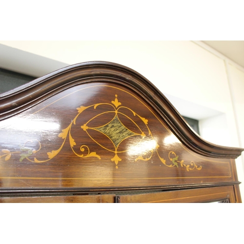 574 - Edwardian Inlaid Glazed China cabinet with arched top over glazed doors and straight legs