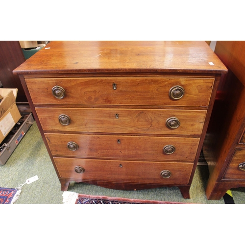 576 - 19thC Mahogany low chest of 4 drawers with cirucalr brass handles over apron front