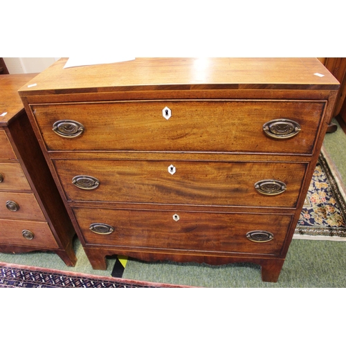 577 - Georgian Inlaid Mahogany chest of 3 drawers with oval brass drop handles on bracket feet