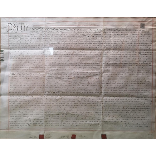 230 - Large Victorian framed indenture with wax seal, 70 x 55cm