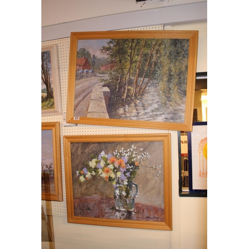 233 - 2 Framed Acrylic on board Landscapes 'View of Lemsford' and 'Floral Still Life'