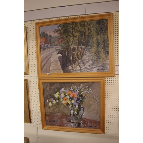 233 - 2 Framed Acrylic on board Landscapes 'View of Lemsford' and 'Floral Still Life'