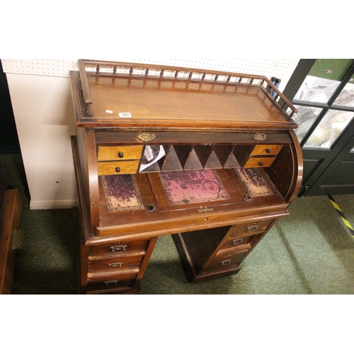 263 - Late Victorian cylinder bureau with birch fronted interior drawers and brass drop handles on pedesta... 