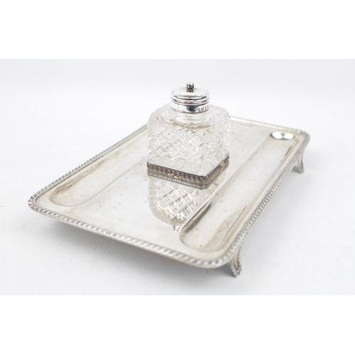 157 - Early 20thC Silver Inkstand with gadroon border and four bracket feet 21cm long, London 1924 -The in... 