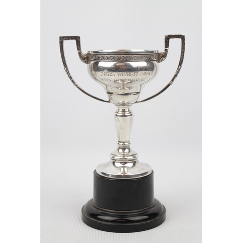 169 - A Silver two-handled bowling trophy with lift off cover - 16cm high, Birmingham 1938 - 130g total we... 