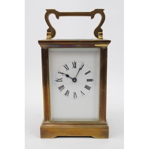 200 - Good Quality 20thC Brass Cased carriage clock with Roman numeral dial with double ended key 15cm in ... 