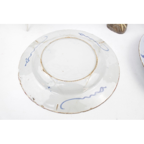 201 - 2 18thC Blue and White Tin Glaze Delft plates, Pair of Chinese Pottery Cockerels and a Green glazed ... 